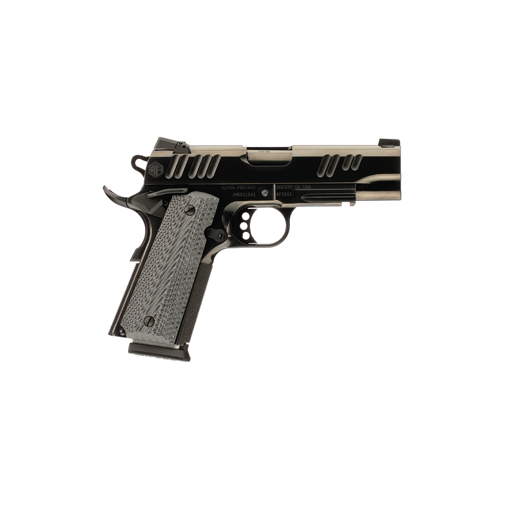 Black and silver handgun with textured grip