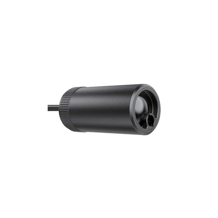 Compact black cylindrical camera module with cable