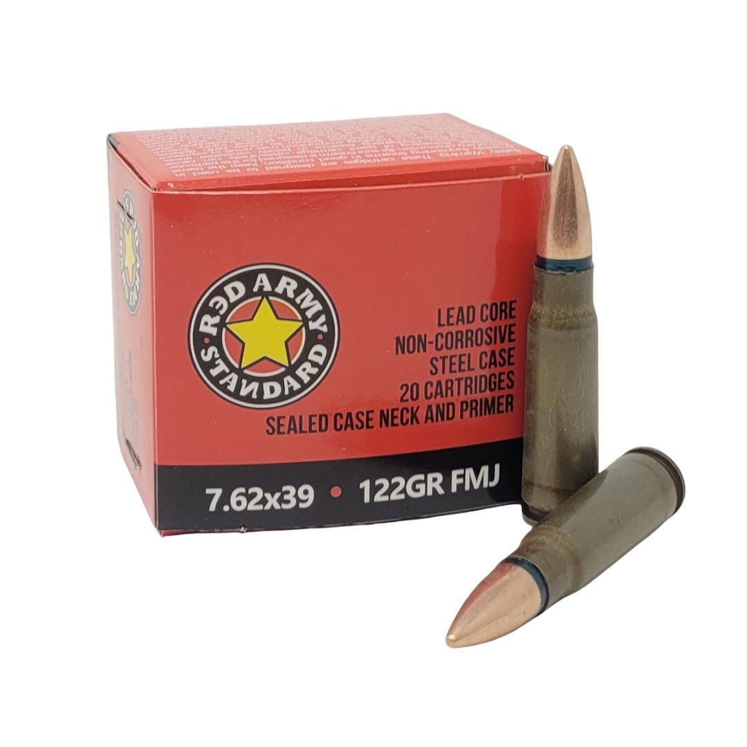 Box of 7.62x39mm cartridges with two bullets