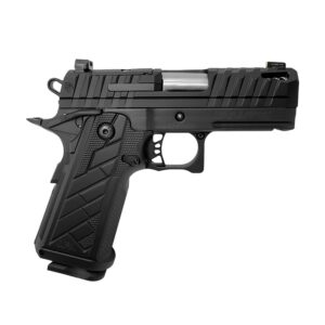 Black semi-automatic pistol on white background