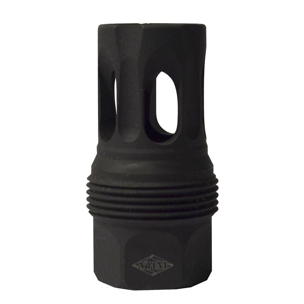 Black metal muzzle brake with side ports