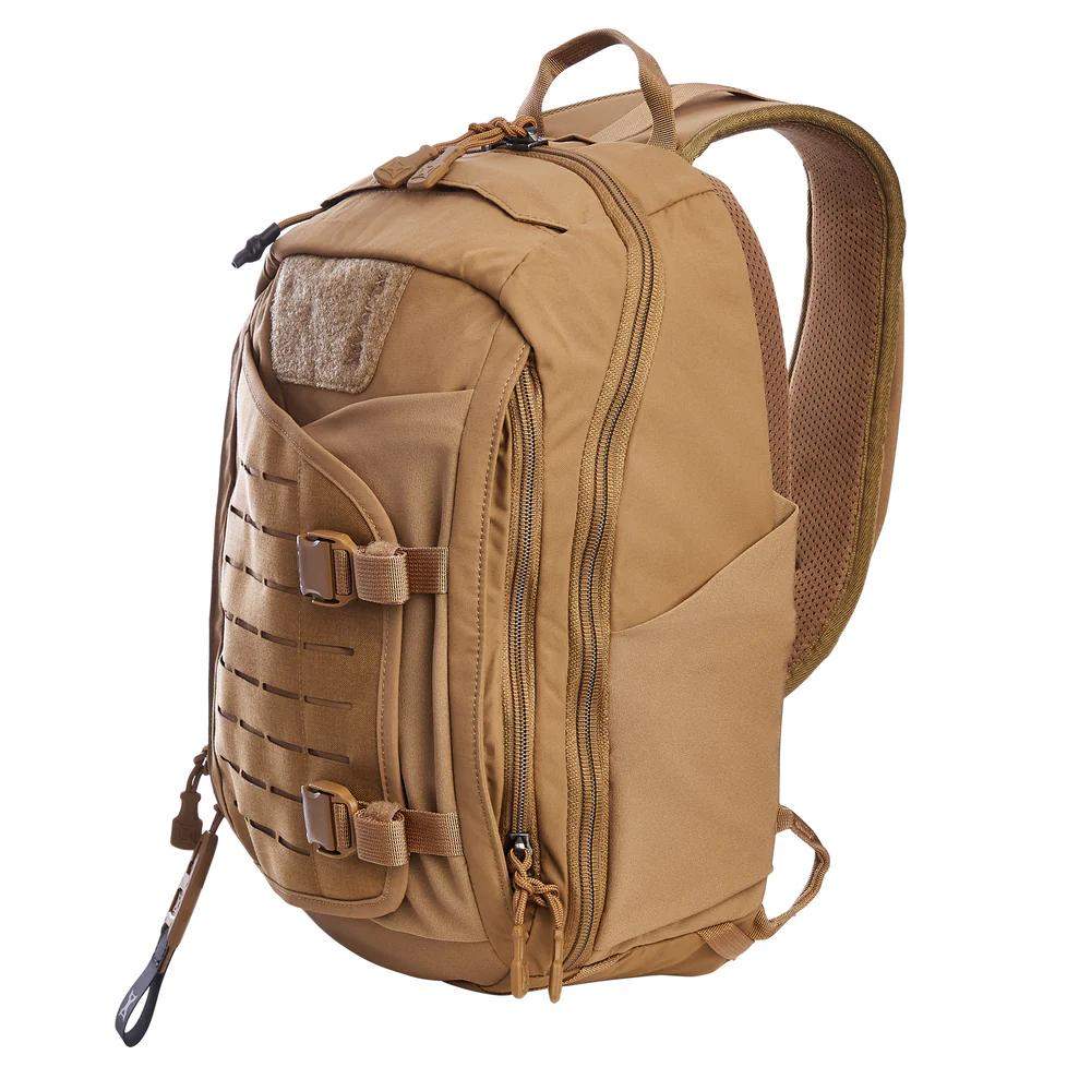 Stylish tan tactical backpack with multiple pockets.