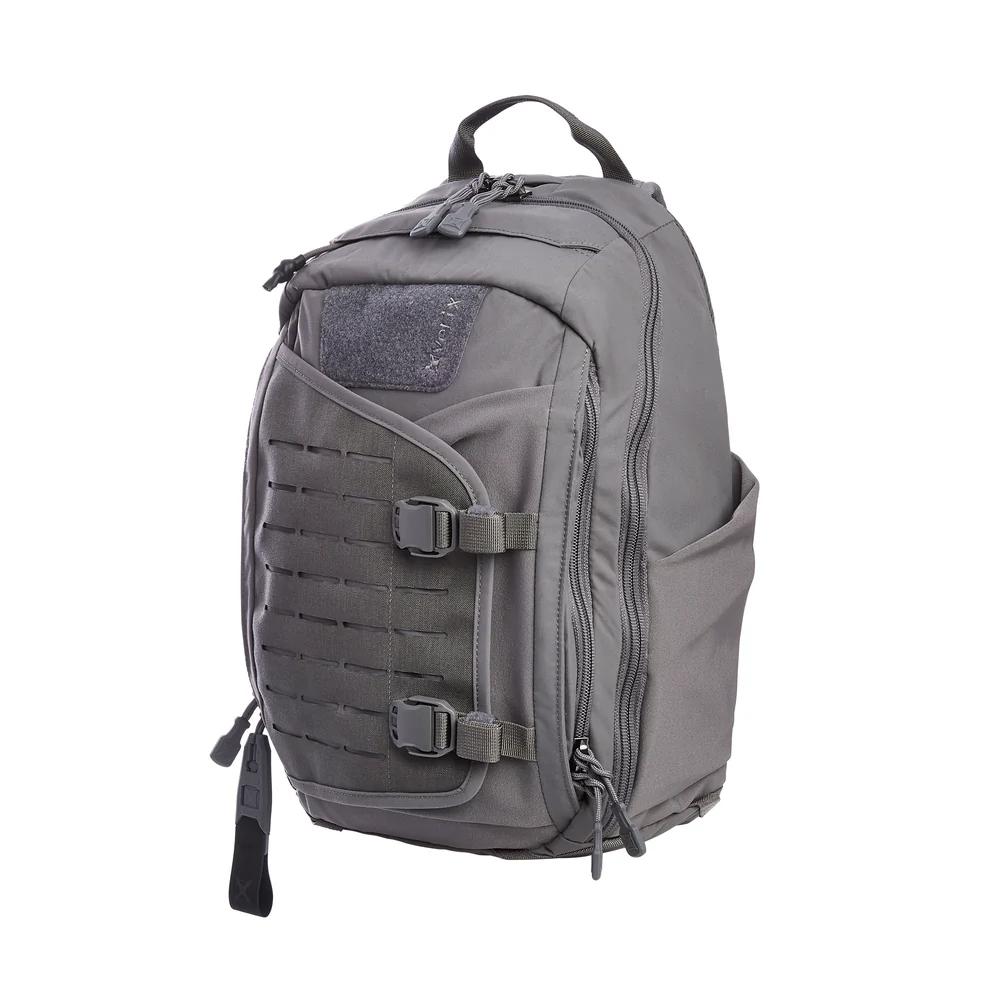 Gray tactical backpack with MOLLE webbing and buckles