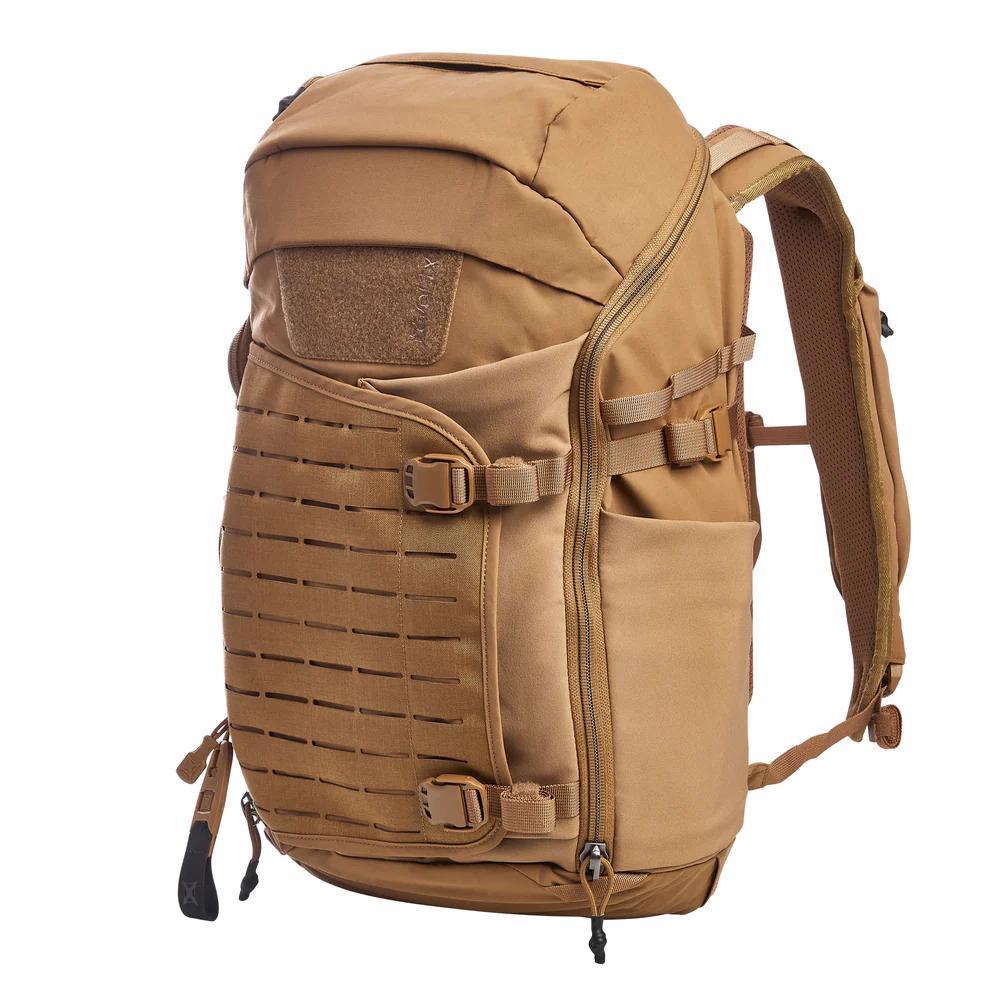 Tan tactical backpack with MOLLE webbing
