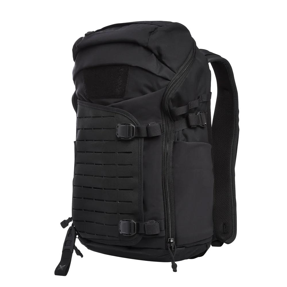 Black tactical backpack with MOLLE front panel