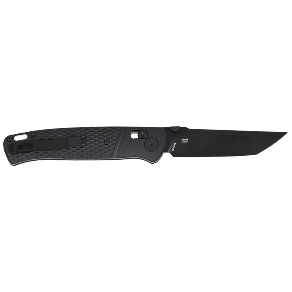 Black folding pocket knife on white background