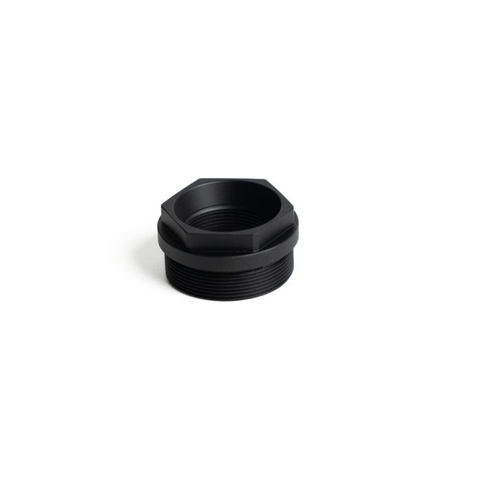 Black threaded metal hex adapter on white background