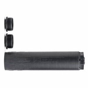 Black cylindrical firearm suppressor with threaded end caps