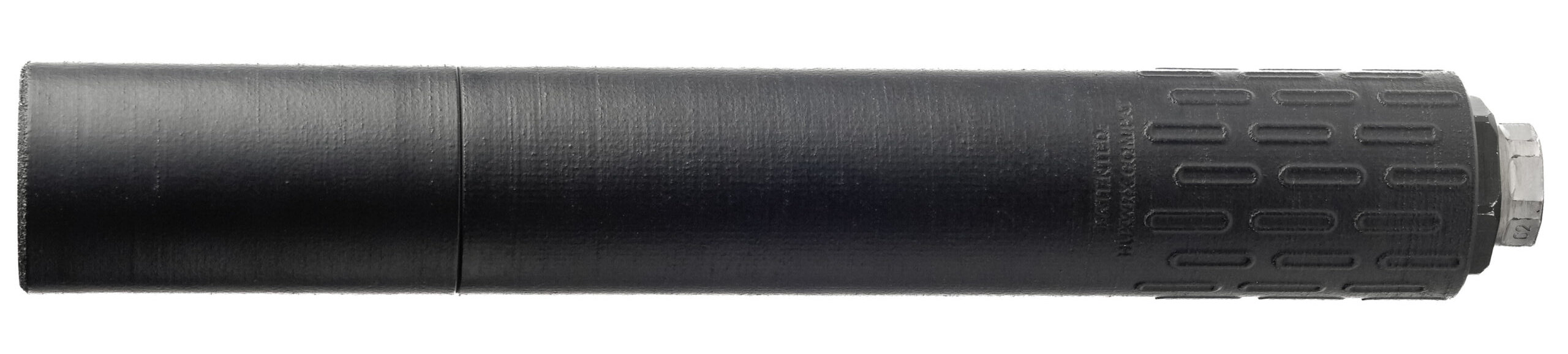 Black cylindrical firearm suppressor on white background