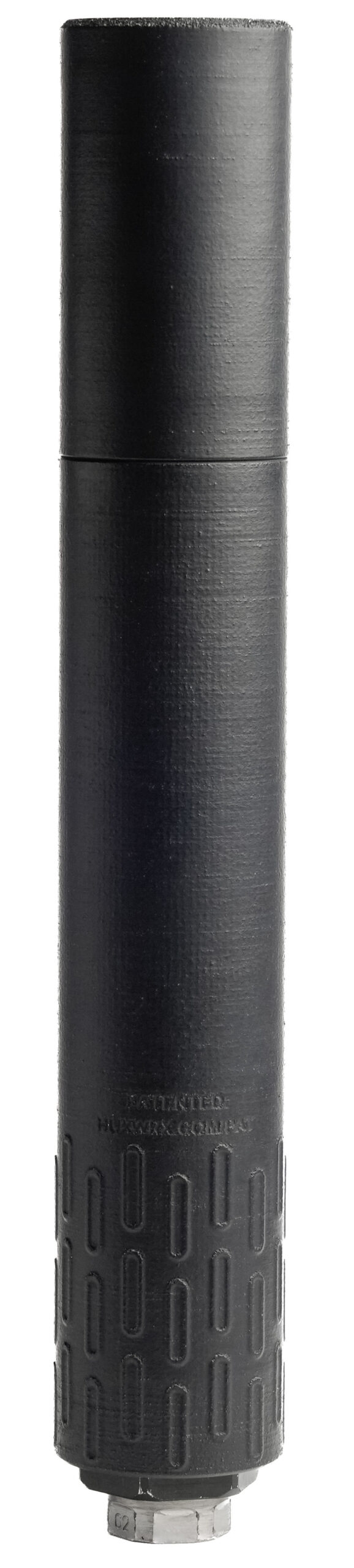 Black cylindrical firearm suppressor on white background