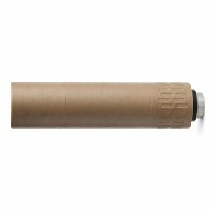 Tan cylindrical firearm suppressor with textured grip