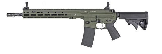 Military-style green tactical rifle side view