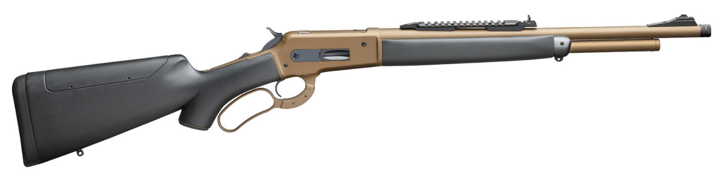 Lever-action rifle with black stock and tan barrel