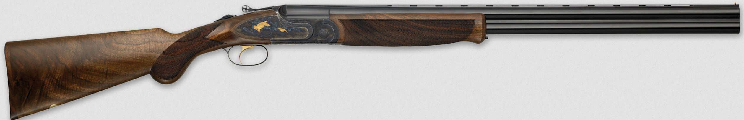 Side view of a double-barrel shotgun.