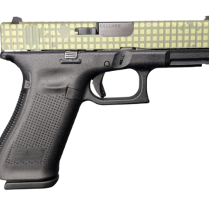 Black semi-automatic pistol with patterned slide