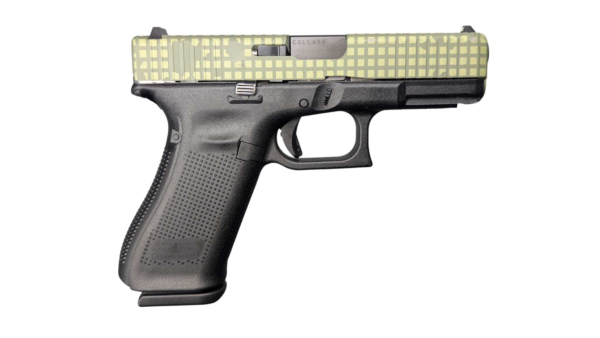 Black semi-automatic pistol with patterned slide