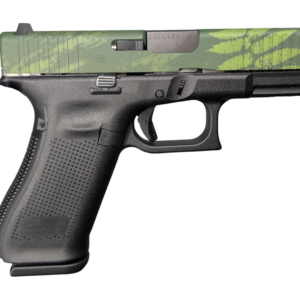 Black handgun with green camo slide