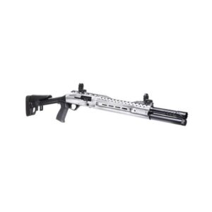 Silver and black shotgun with a tactical design.