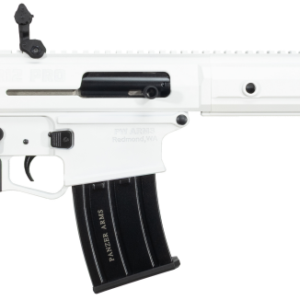 White firearm with a black stock and grip.