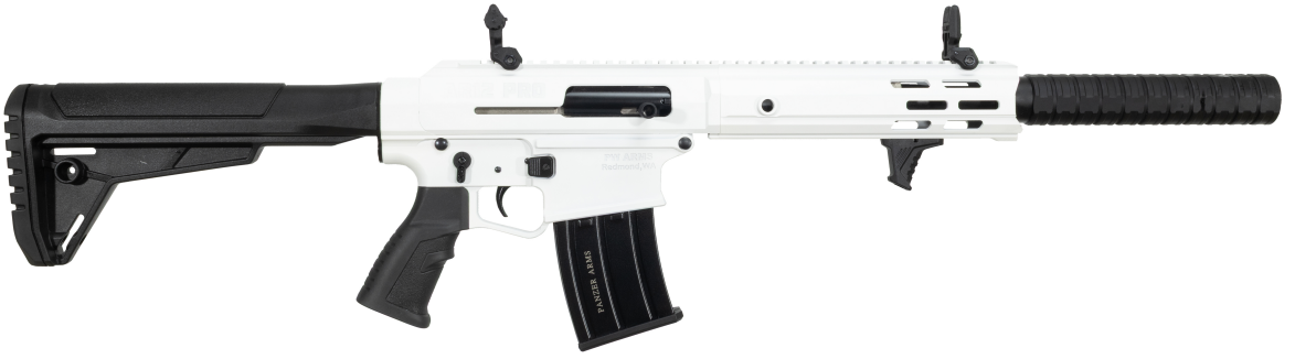 White firearm with a black stock and grip.