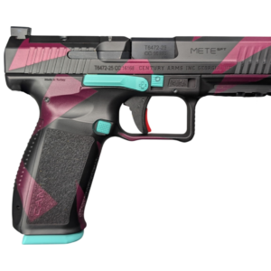 Black and pink semi-automatic handgun with teal accents