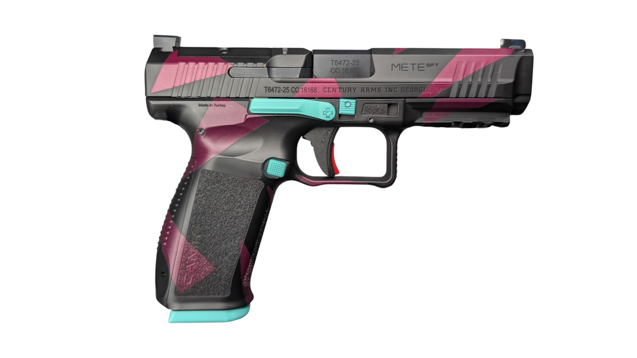 Black and pink semi-automatic handgun with teal accents