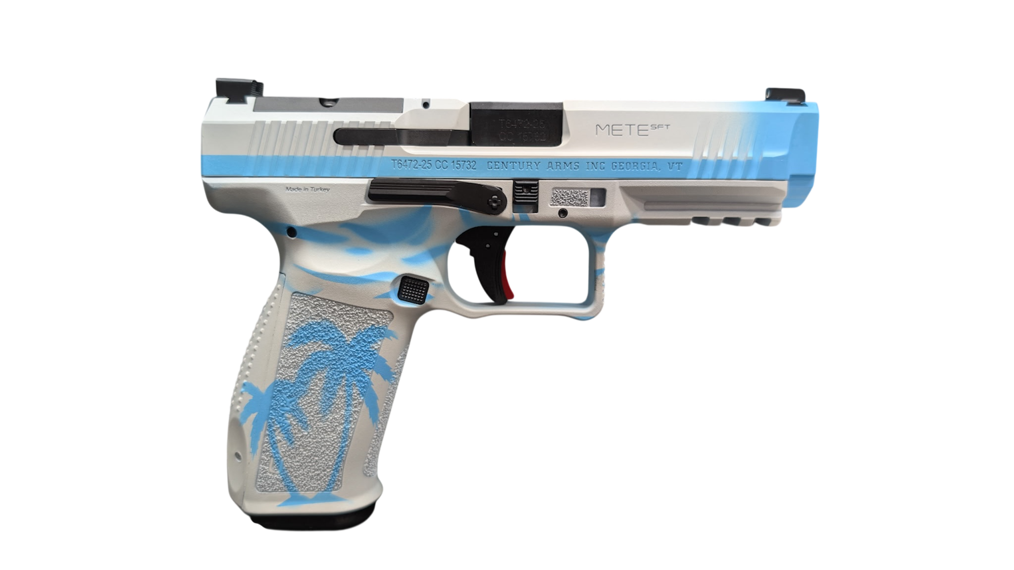 White and blue custom semi-automatic pistol