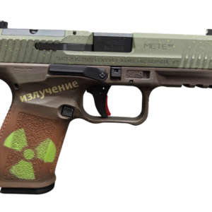 Customized handgun with green slide and radiation symbol