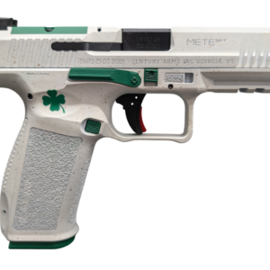 Stylized white handgun with green accents