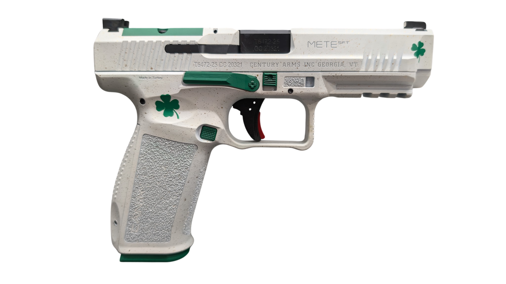 Stylized white handgun with green accents