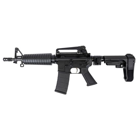 Black AR-15 style rifle on white background