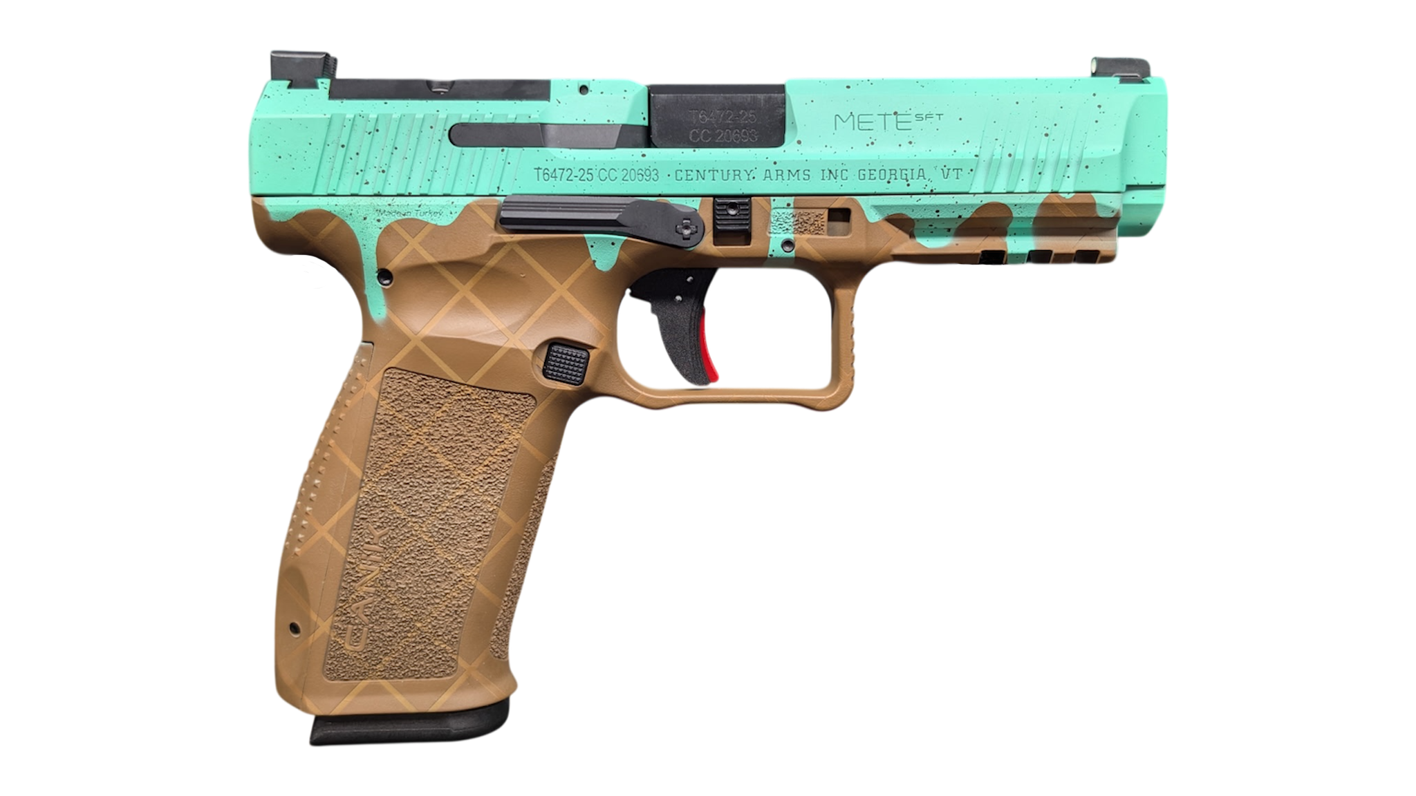 Teal and tan semi-automatic handgun