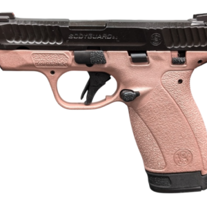 Compact semi-automatic pistol with black slide and tan grip