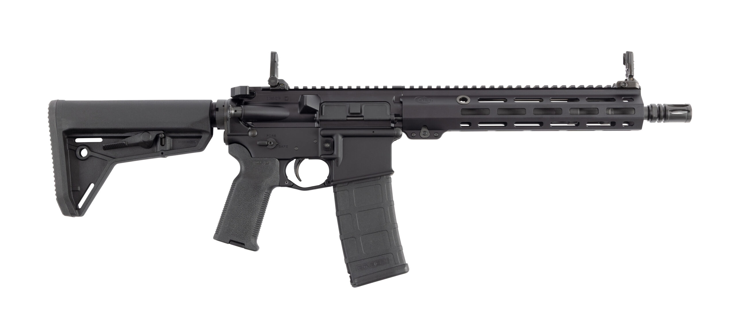 Black AR-15 style rifle on white background