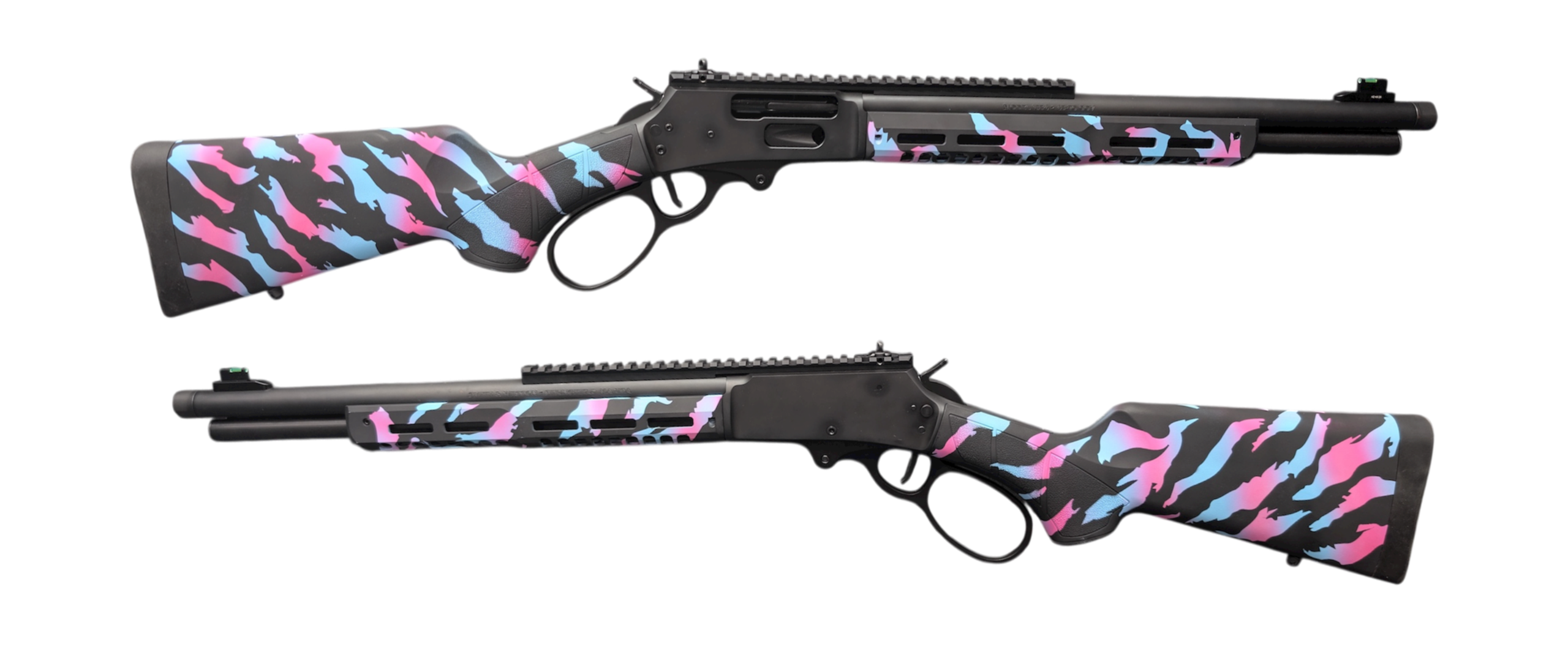 Colorful camo lever-action rifle on white background
