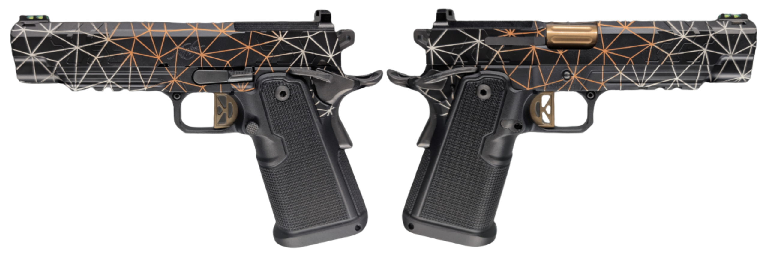 Two custom pistols with geometric patterned slides