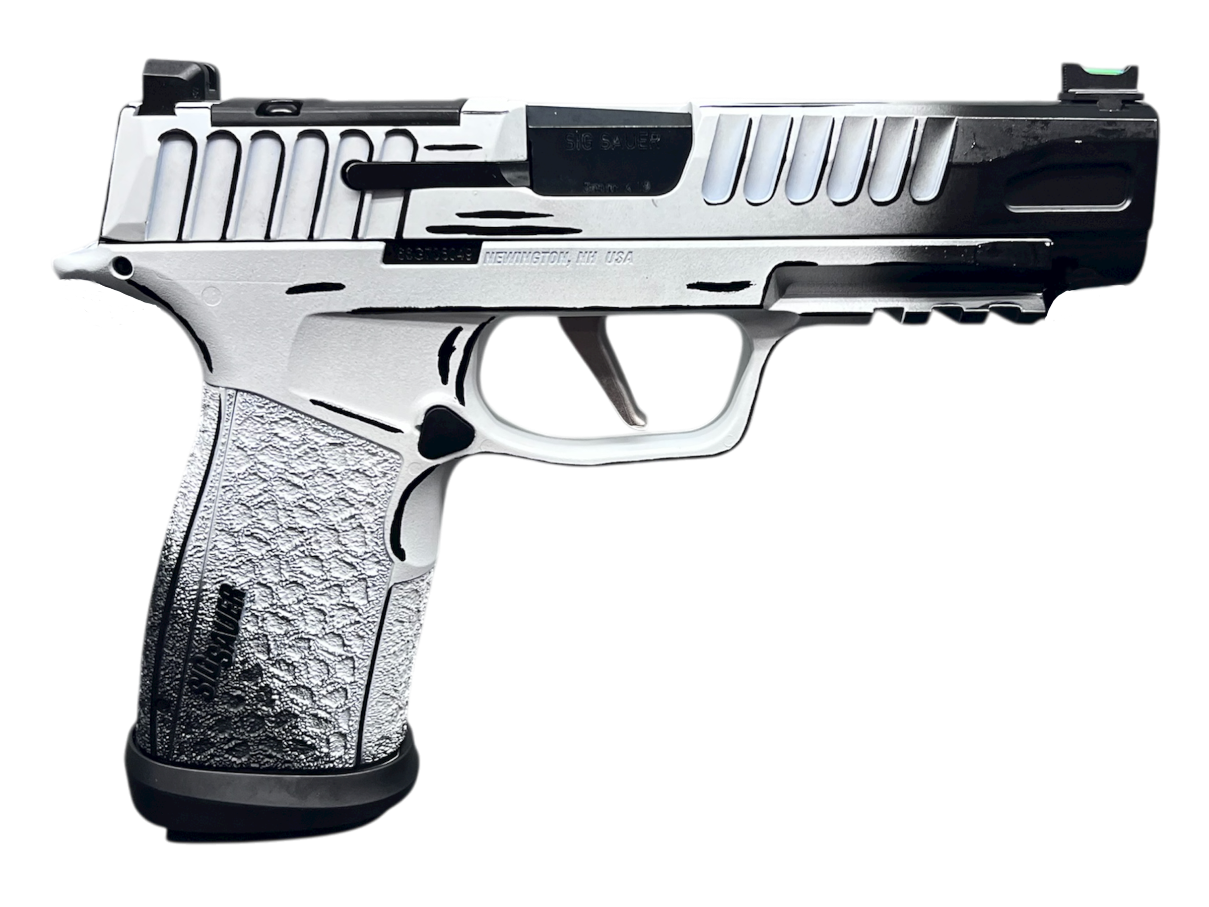 Silver and black semi-automatic handgun on black background