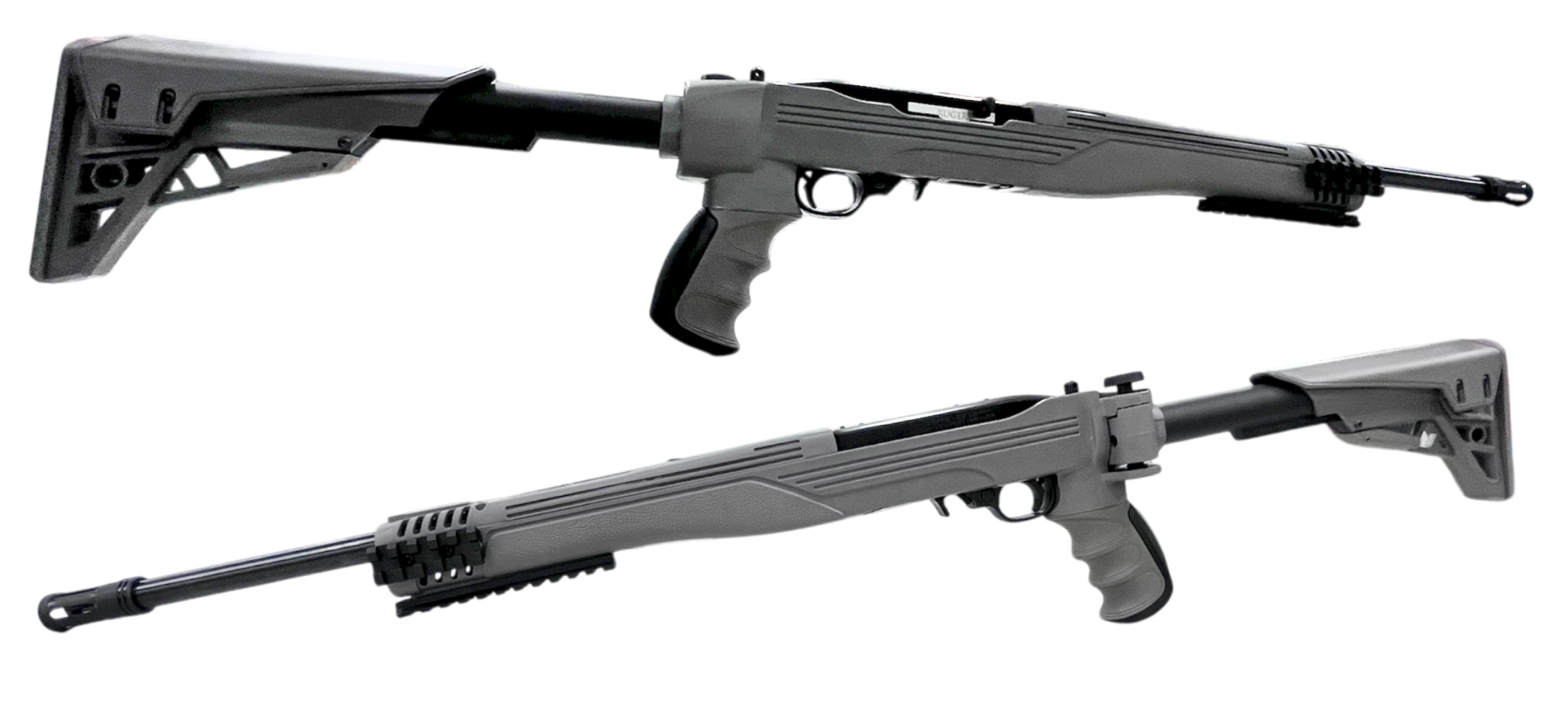 Two modern rifles with adjustable stocks on white background