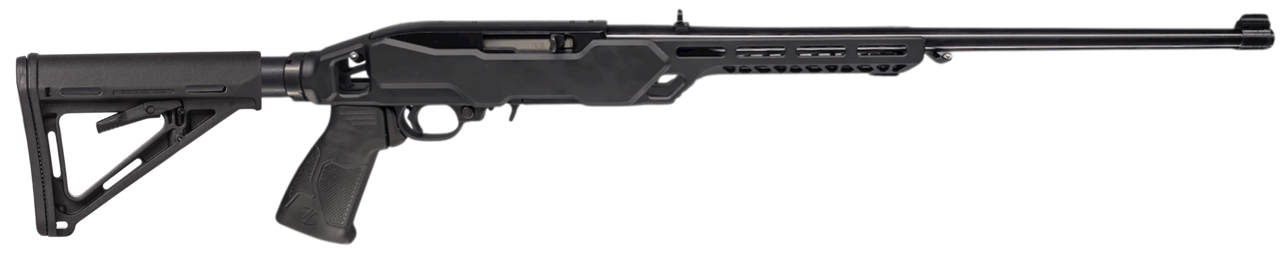 Modern black semi-automatic rifle on white background