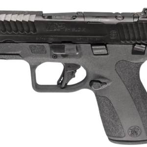 Black semi-automatic handgun on white background