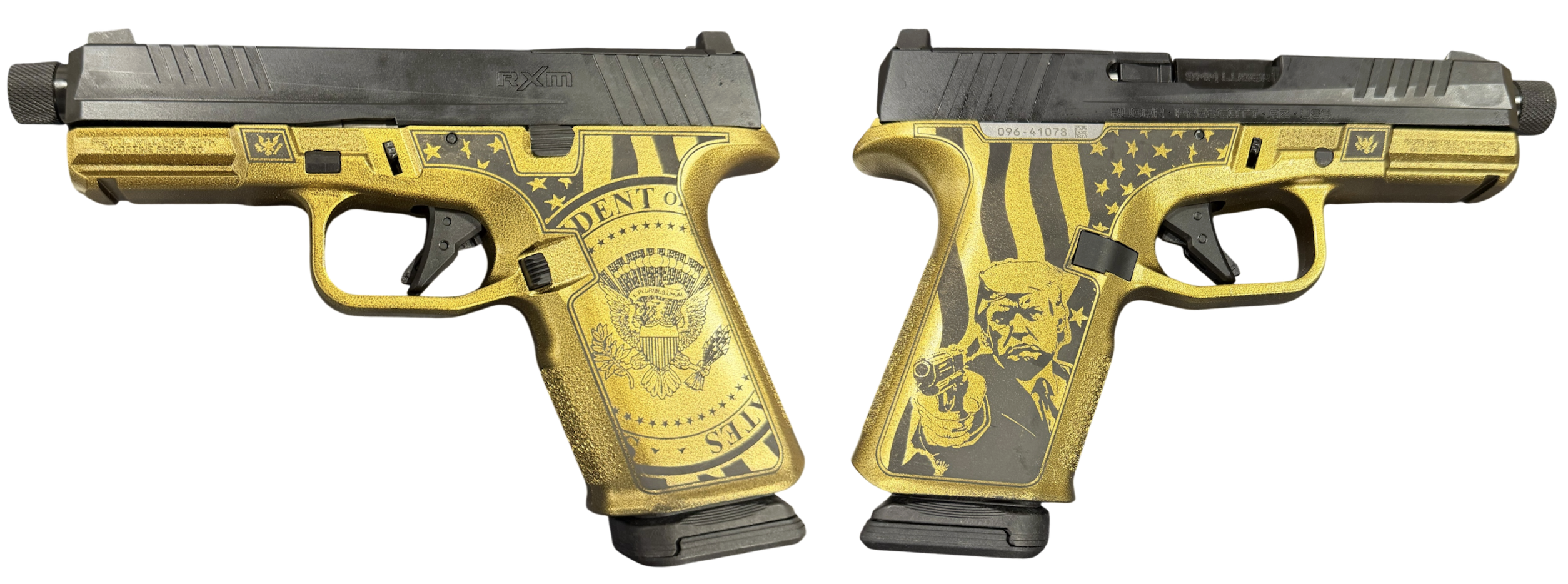 Custom gold handguns with political designs