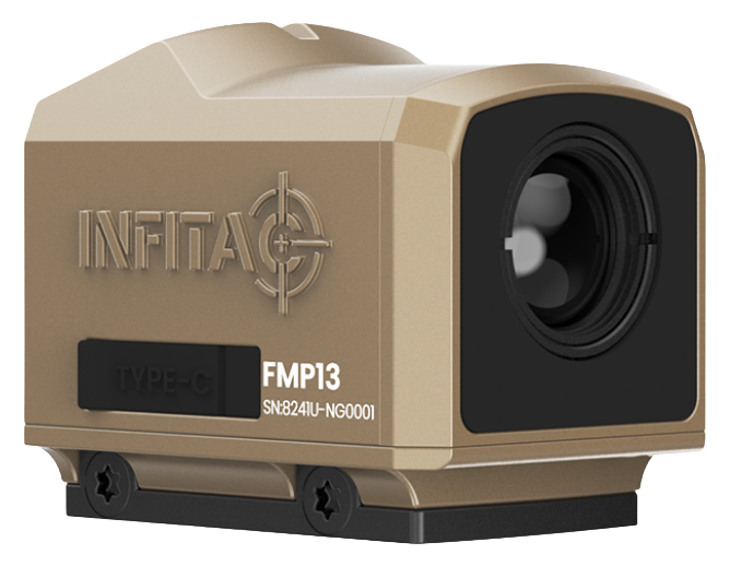Tan compact tactical camera device with large lens