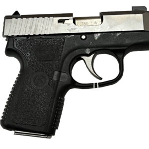 Compact black and silver semi-automatic handgun
