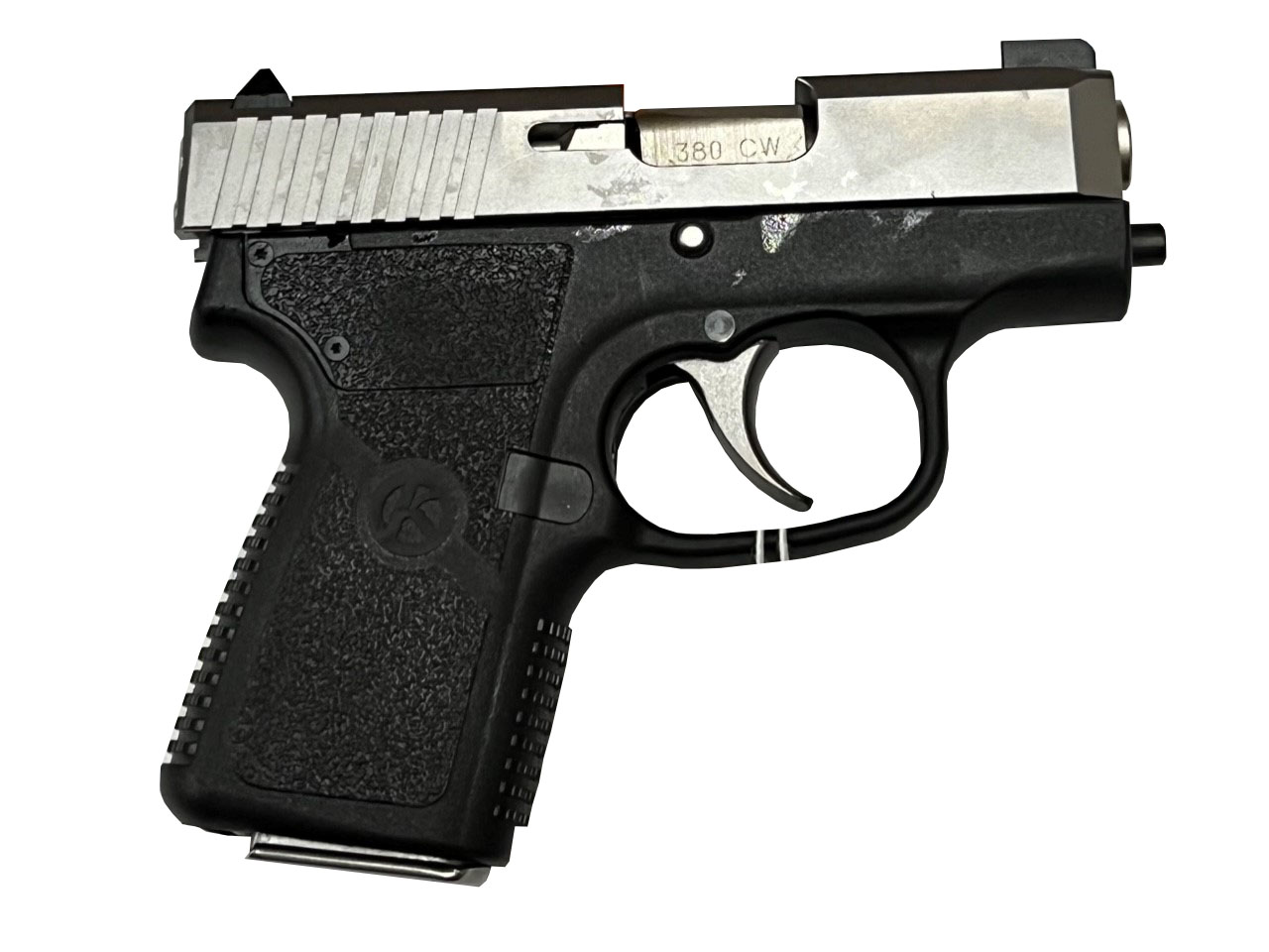 Compact black and silver semi-automatic handgun