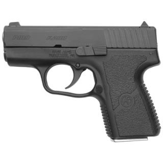 Black compact semi-automatic handgun on white background