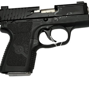 Black semi-automatic handgun on white background