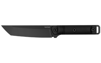 Black fixed-blade tanto knife on white background