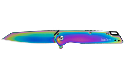 Rainbow titanium folding pocket knife on white background
