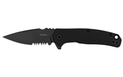 Black partially serrated folding knife on white background