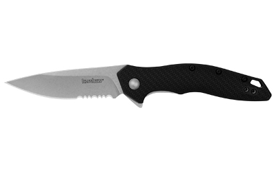 Black folding knife with partially serrated blade